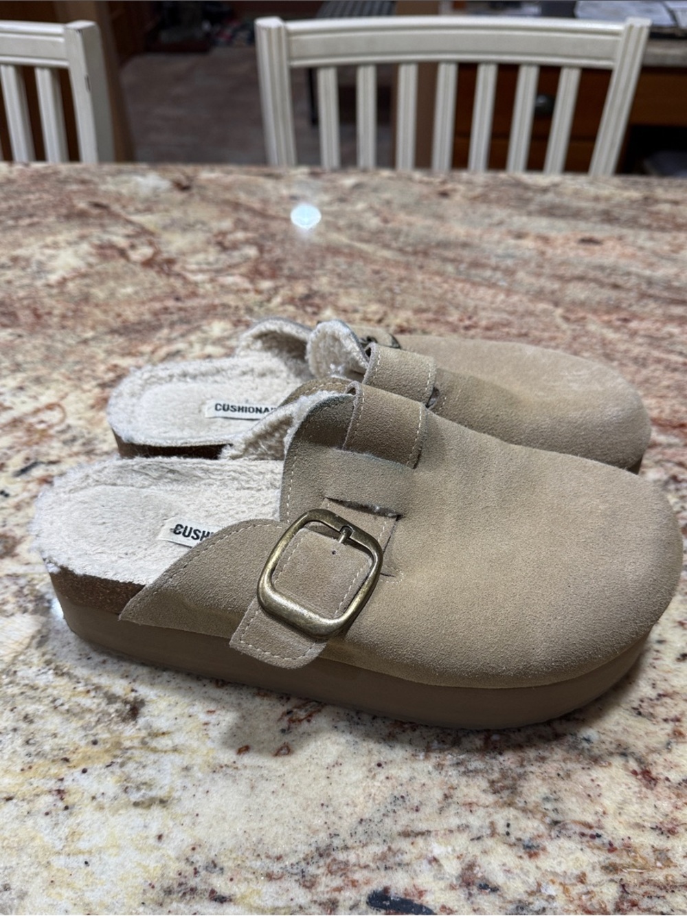 Plush-Lined Tan Slip-On Clog with Adjustable Buckle Womens 8.5